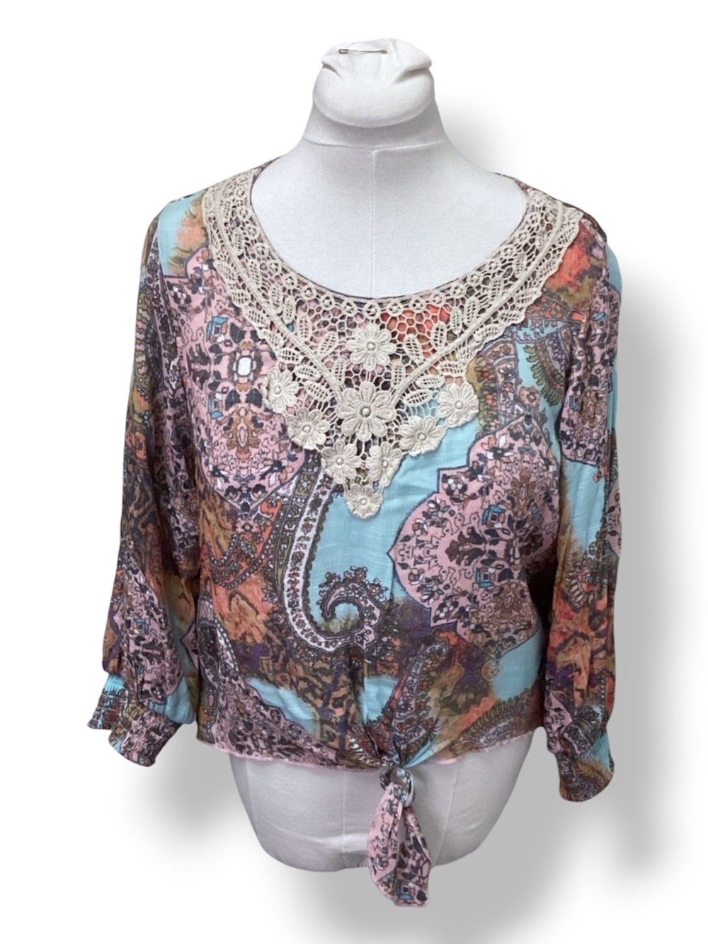Spense Women’s Long Sleeve Lace High-Low Tie Waist Boho Top, size L